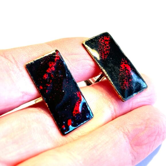 Enamel & copper cufflinks vintage mid century artisan unique rectangles dark red - Picture 1 of 5